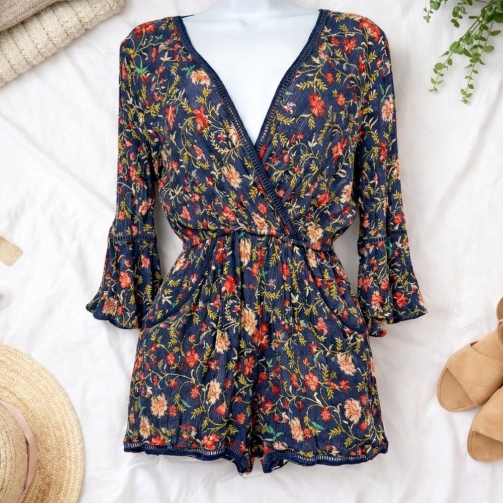 Forest Fairy Women's Navy‎ Floral Bell Sleeve Festival Romper XS